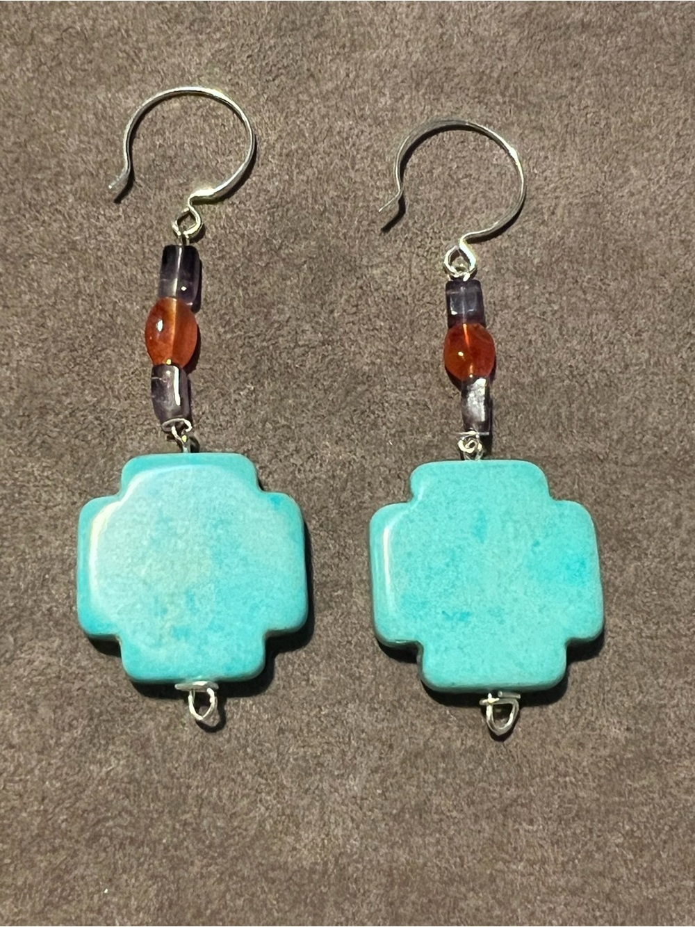 Turquoise Cross-Shape Drop Earrings with Amber and Amethyst Accents